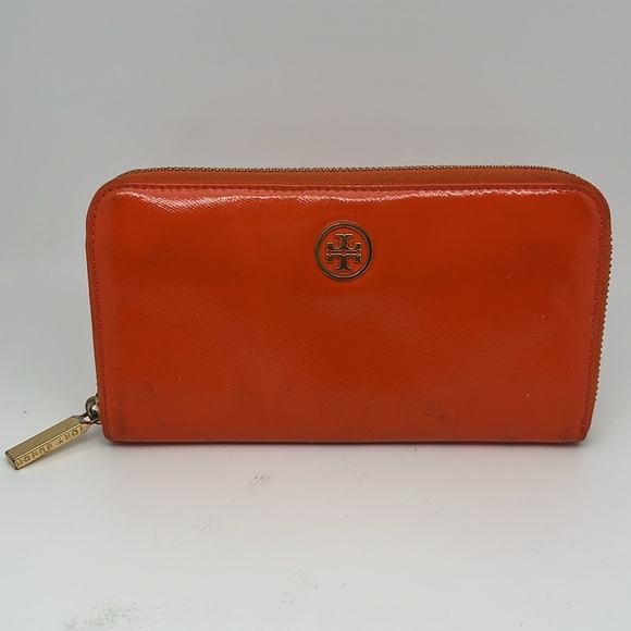 Tory Burch Robinson Continental Zip Around Wallet Clutch Orange Mandarin - Picture 2 of 11